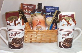 Coffee Chocolate Lovers Gift Basket Cappuccino Mocha 2 Mugs Syrup Creamer Candy    