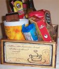 Coffee Gift Basket 2 Mugs Candy Creme Syrup Hot ChocolateWood Coffees Crate 