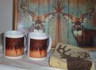 Deer Tray Gift Basket 2 Mugs Kitchen Towel Handcrafted Bamboo Hunters Gift Cabin