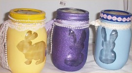 Easter Mason Jar Candy Dishes Rabbits 3 With Ribbons Pearls Use for Candle Also