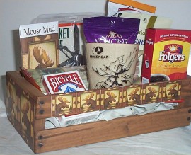 Moose Hunters Wood Crate Gift Basket Coffee Mug Cookies Candy Nuts Cards Jerky    