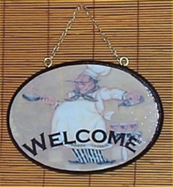 Fat Chef Oval Welcome Sign Wood Bistro Home Wall Decor Chefs Waiter 